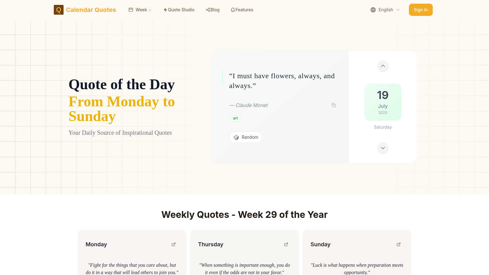 Calendar Quotes application interface and features