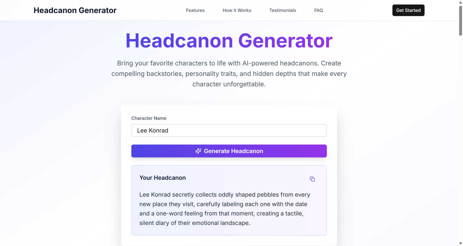 Headcanon Generator application interface and features