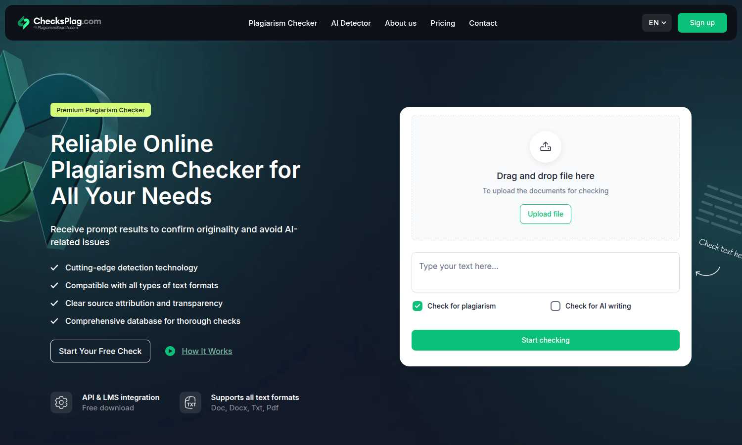ChecksPlag.com application interface and features