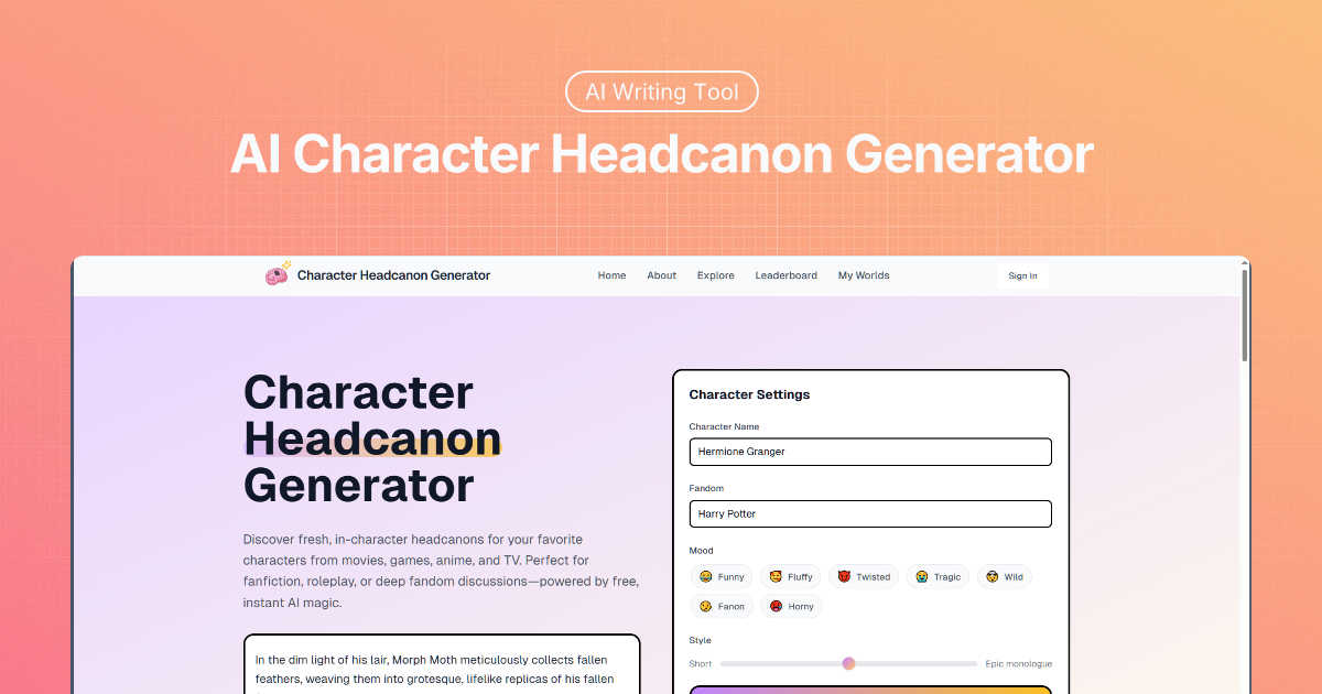 Character Headcanon Generator application interface and features