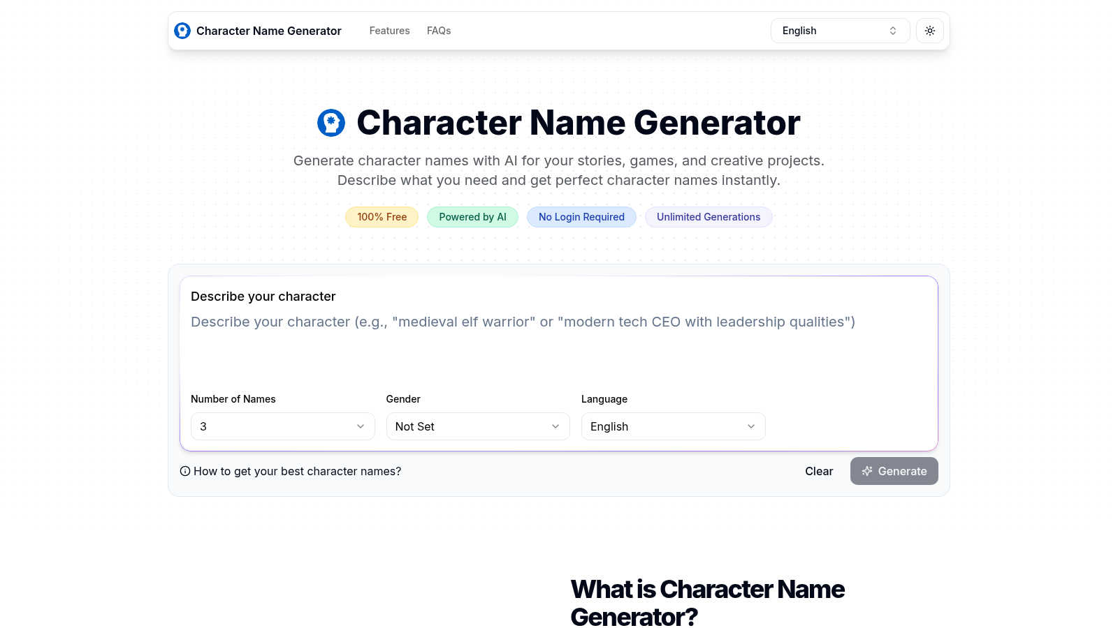Character Name Generator application interface and features