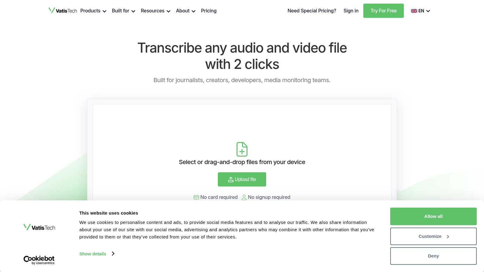 Vatis Tech application interface and features