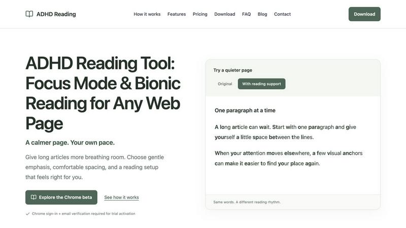 ADHD Reading application interface and features