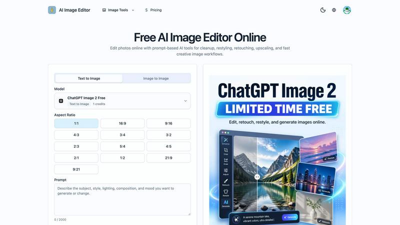 AI Image Editor application interface and features