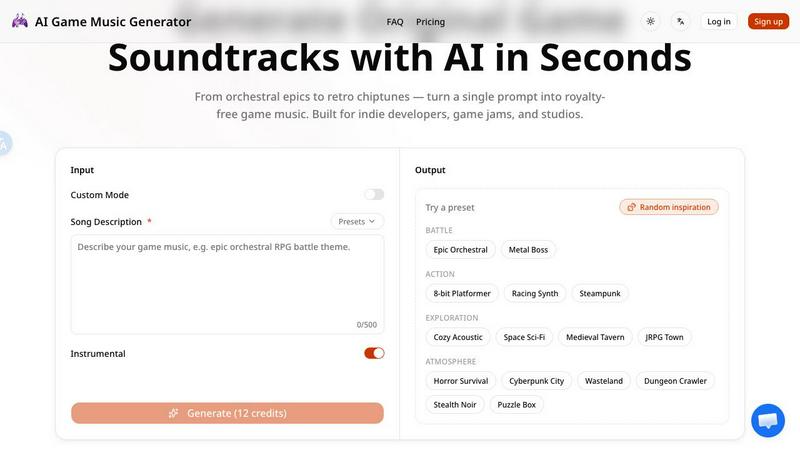 AI Game Music application interface and features