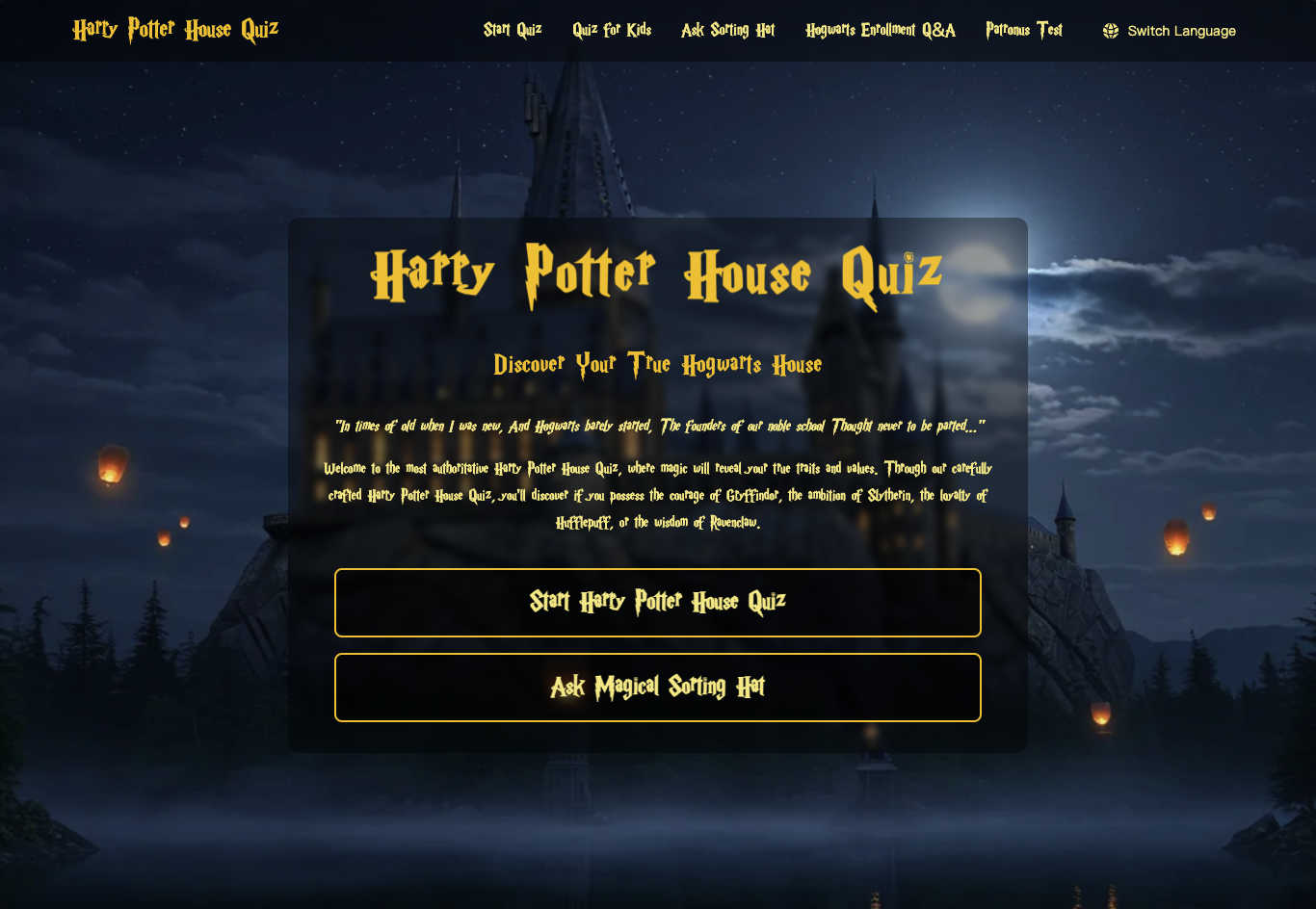 Harry Potter House Quiz application interface and features