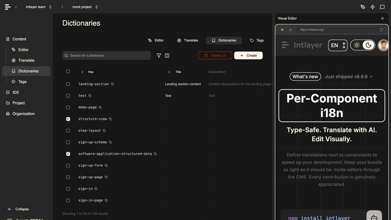 Intlayer application interface and features