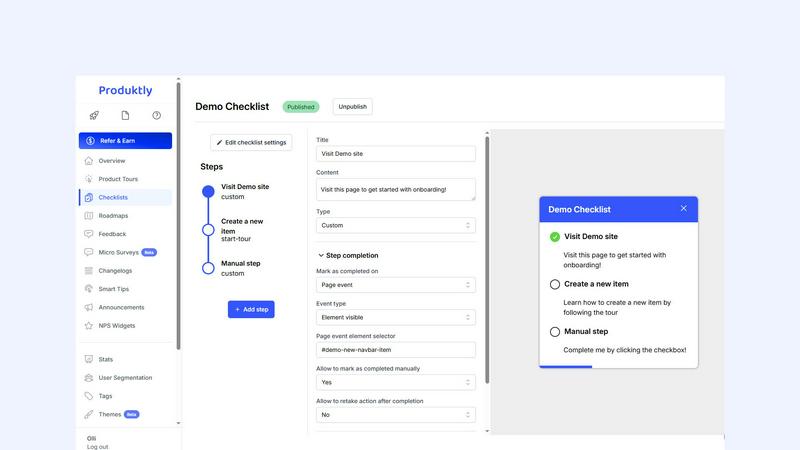 Produktly application interface and features