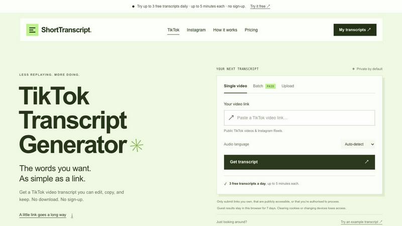 ShortTranscript application interface and features
