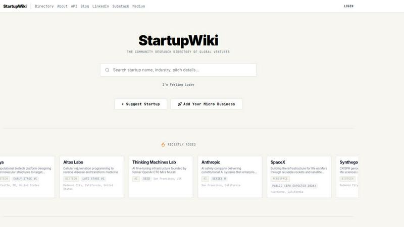 StartupWiki application interface and features